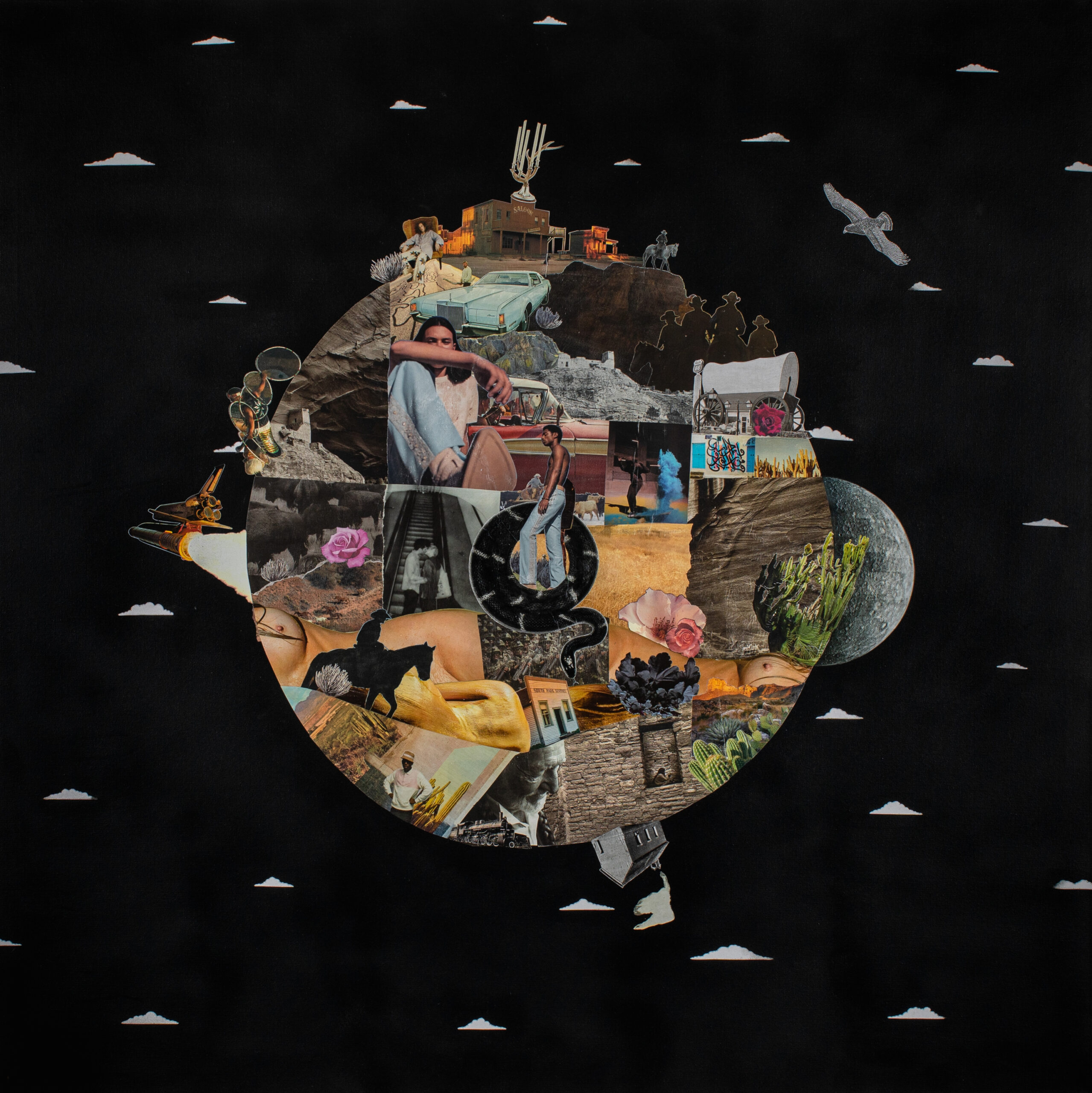 Un Pays Sans Frontieres (A Country Without Borders), collage, acrylic, spray paint, oil on canvas, 48x48x2