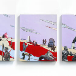 Doctrine of Discovery, triptych, 20 x 52 x 2"